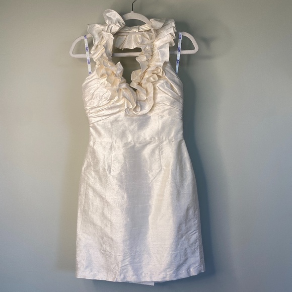 Vintage Dresses & Skirts - Vintage Ivory White Silk Halter Neck Dress with Ruffle Detail